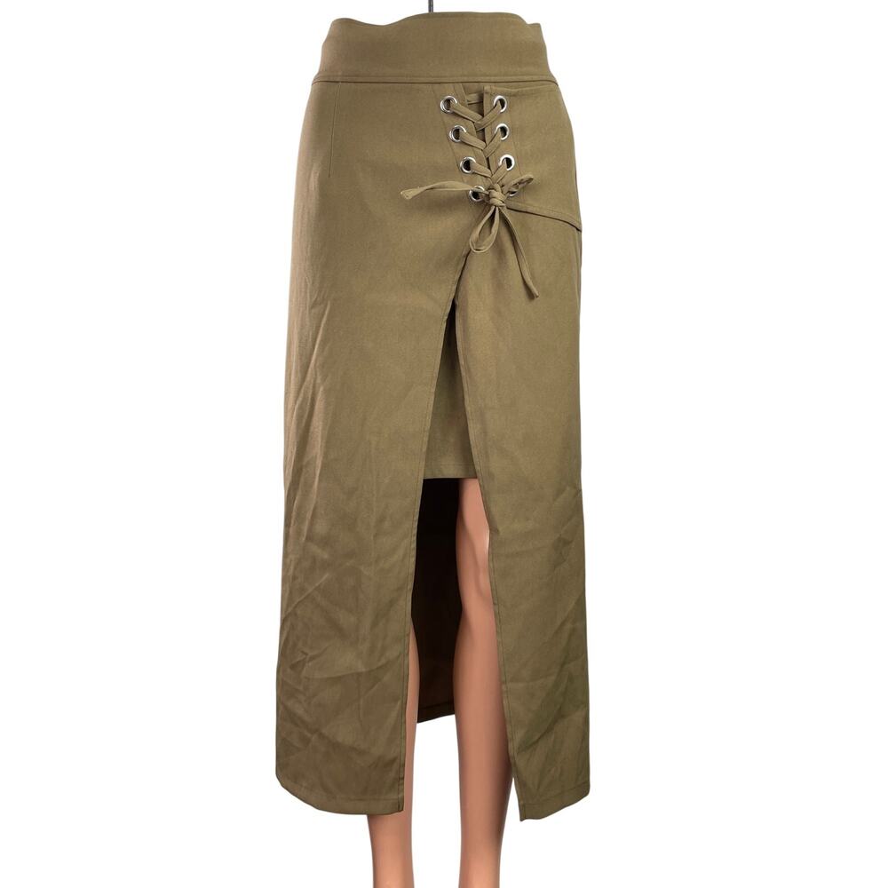 Murua Women's Khaki Green High Waist Lace Up Tie Front Slit Midi Skirt Size 1